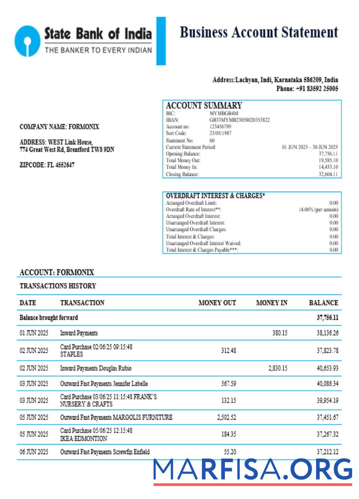 Printable India State Bank of India business bank company statement Word and PDF format example